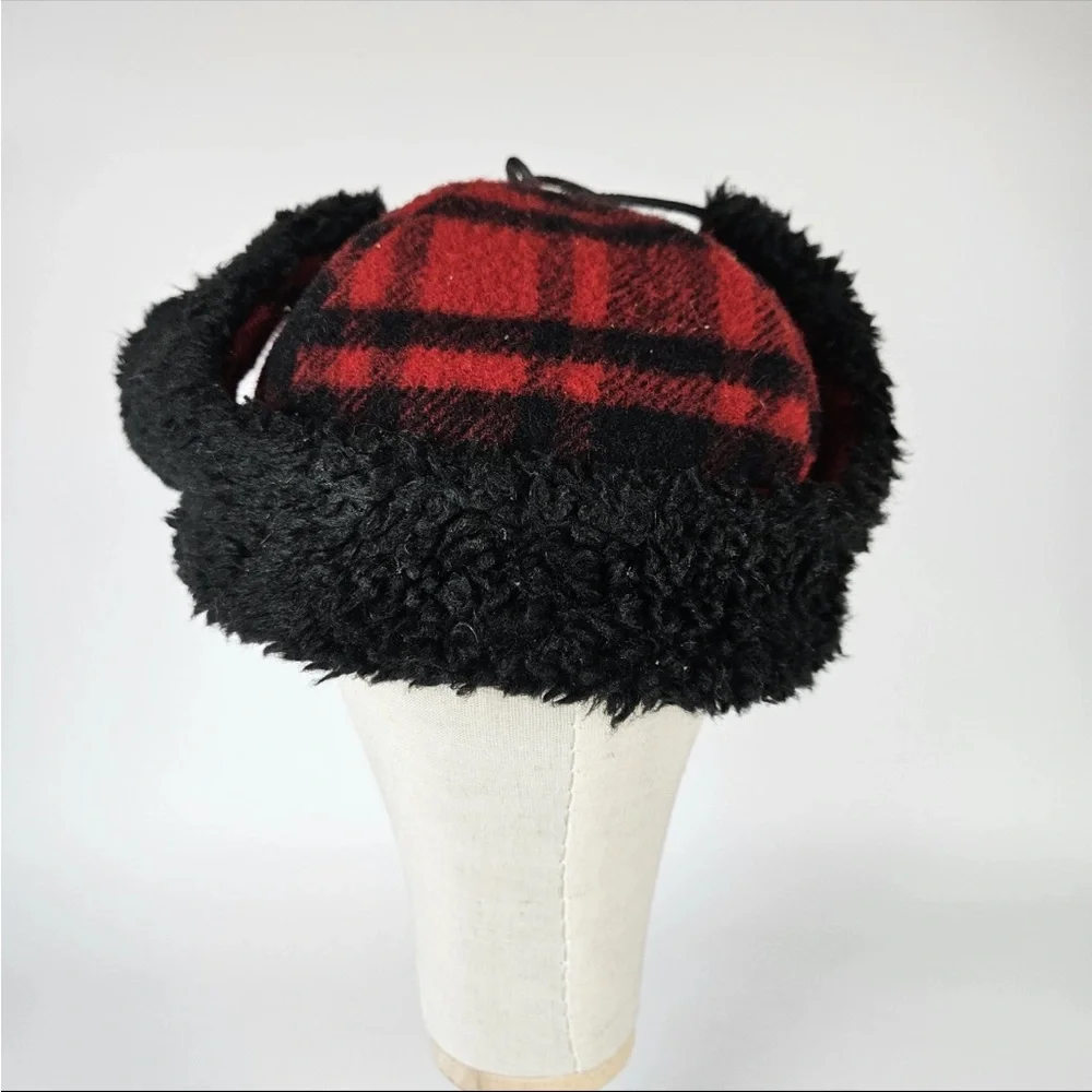 Vintage Eddie Bauer Wool Trapper Hat with Ear Flaps — Red & Black Buffalo Plaid - Picture 7 of 9